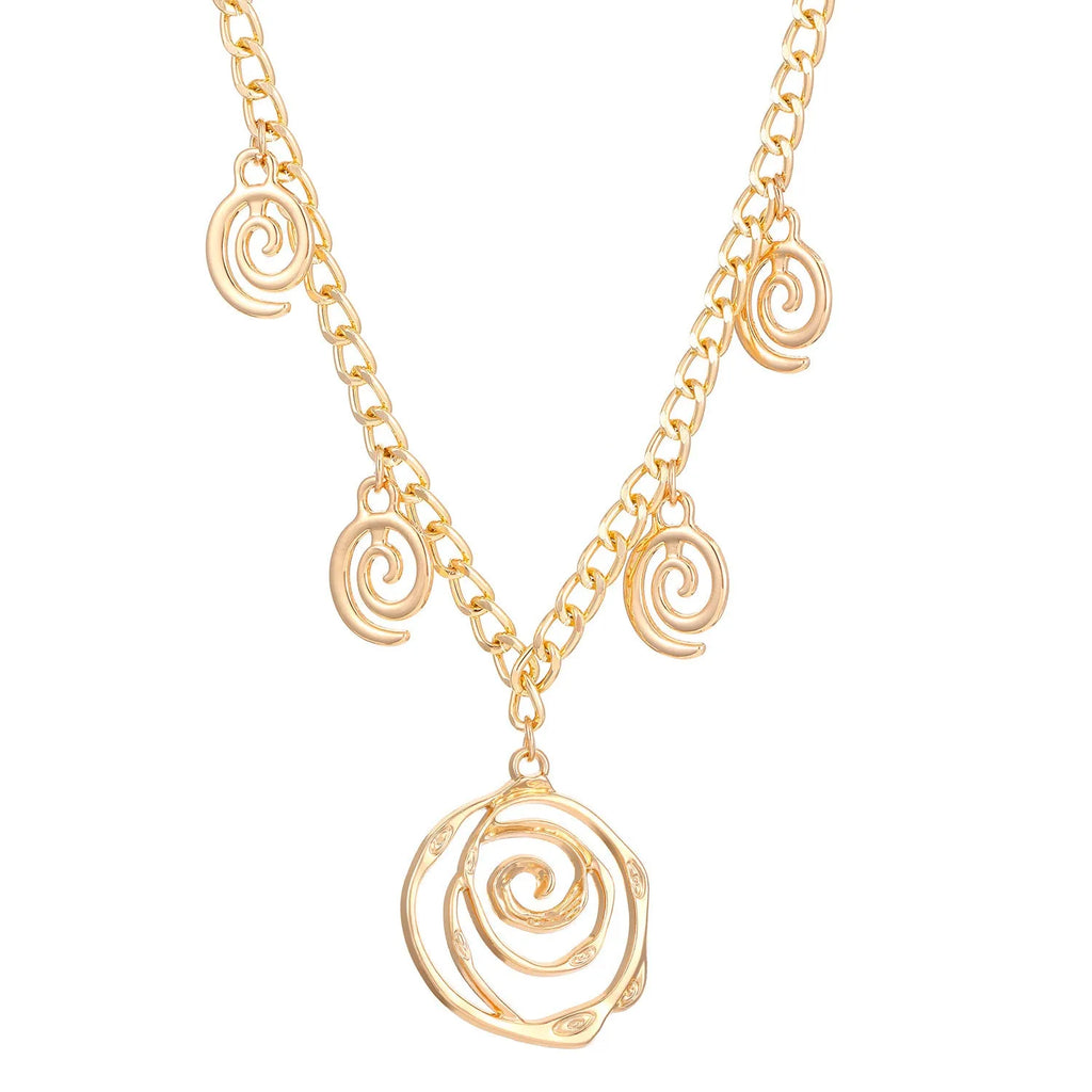 Spiral donut jewellery set showing necklace, bracelet, and earrings in geometric circle design with gold electroplated finish