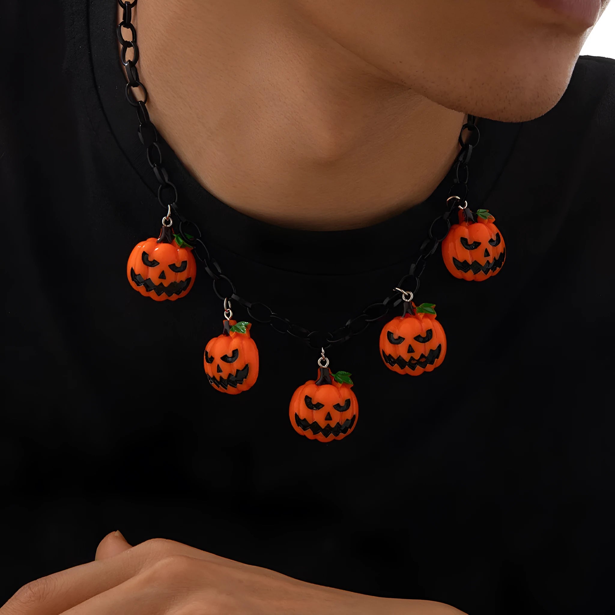 Mixed colour Halloween ghost pumpkin cartoon pendant necklace on a regular chain.