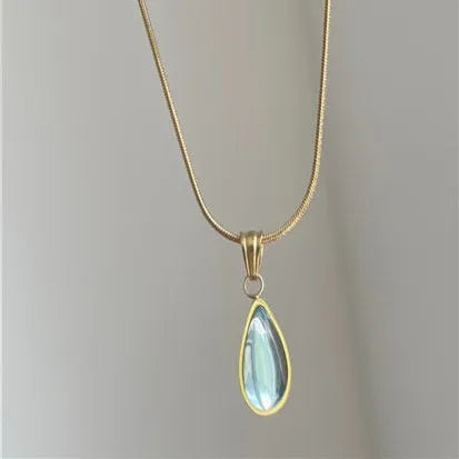 Retro blue and green water drop pendant necklace on a titanium steel snake bones chain.
