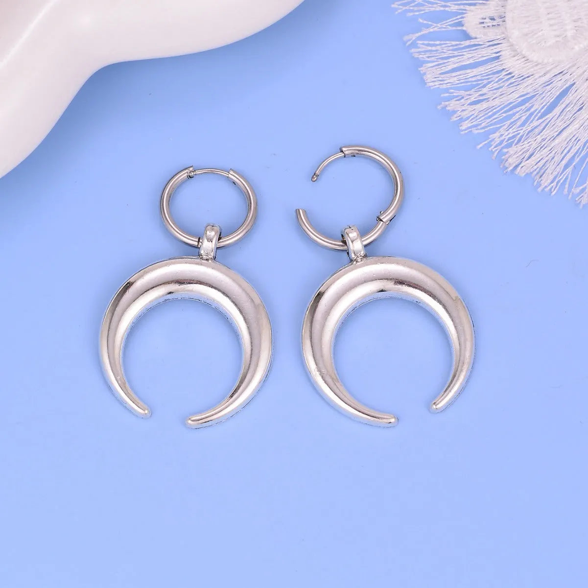 Silver vintage gothic moon big hoop clip earrings with geometric punk design on alloy with 18K purity