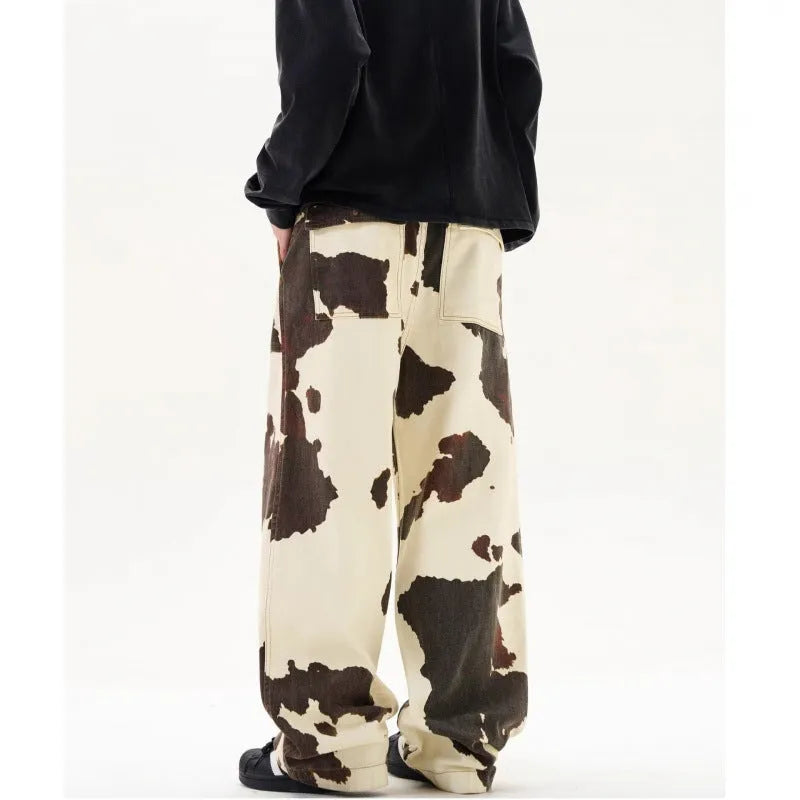 Men's straight-leg casual trousers with American retro cow pattern print in 7698 colour