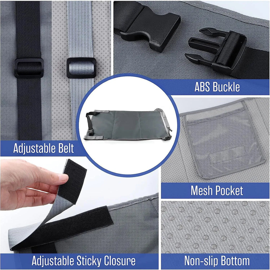 Blue children's aircraft seat extender with adjustable straps attached to plane seat