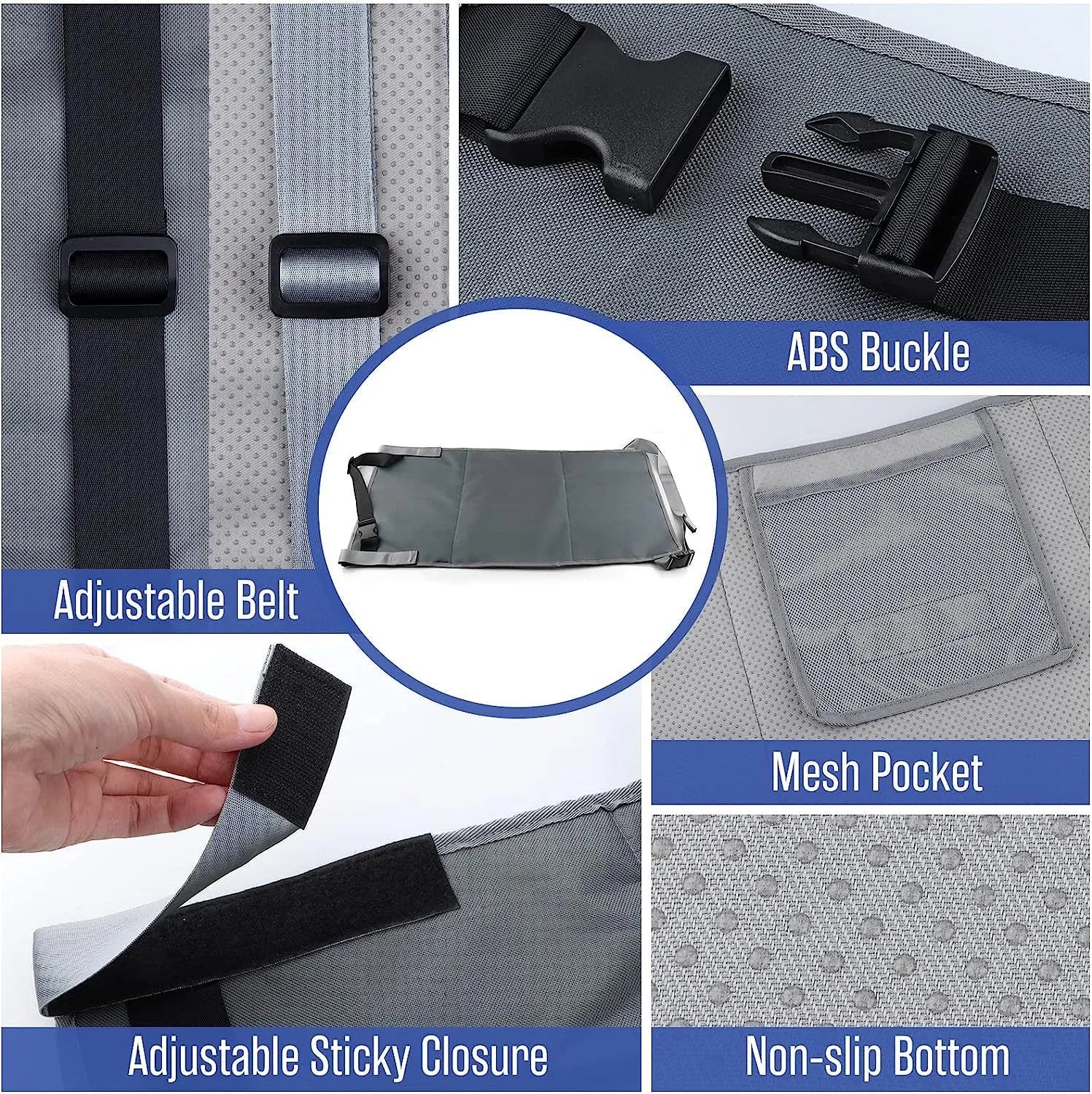 Blue children's aircraft seat extender with adjustable straps attached to plane seat