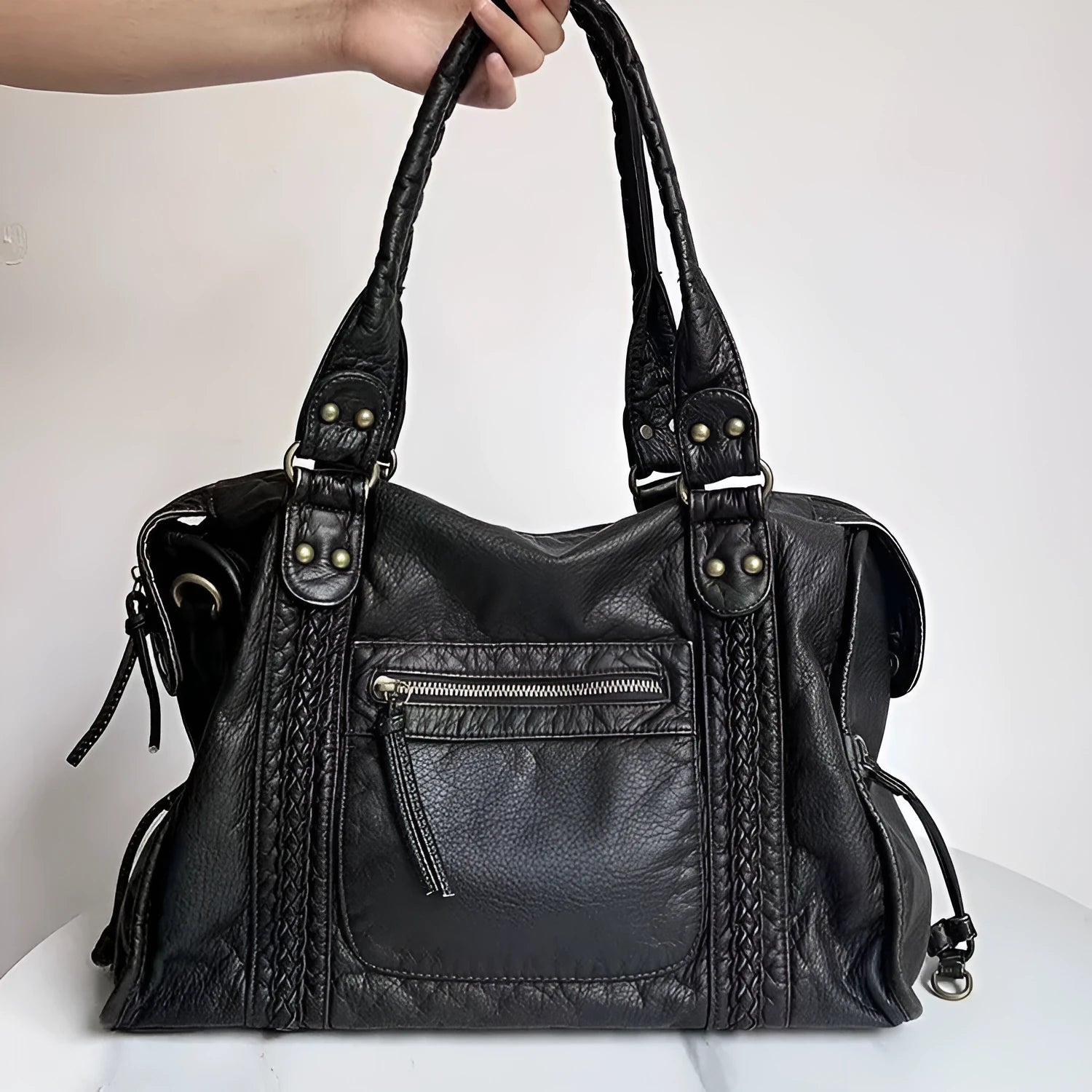 Women's French retro motorcycle shoulder messenger bag in horizontal square design with single strap