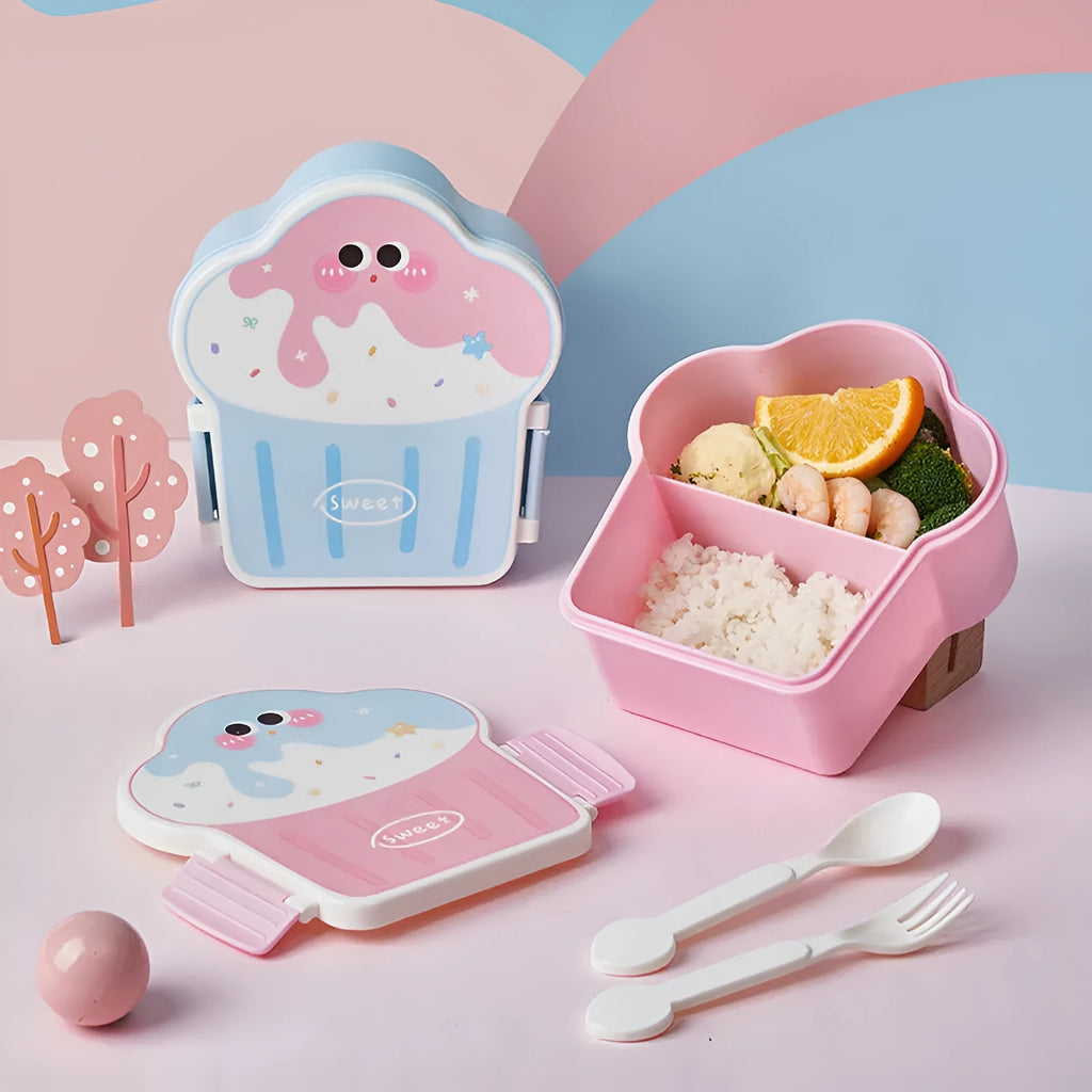 Pink and blue creative ice cream shaped plastic lunch box with bento compartments and included spoon and fork.