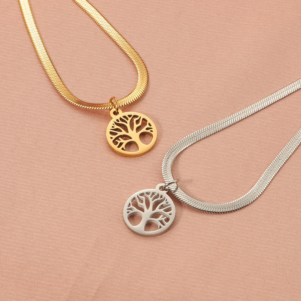 Stainless steel lucky tree pendant necklace on snake bones chain with U-shaped clasp, shown in gold and steel colour options.