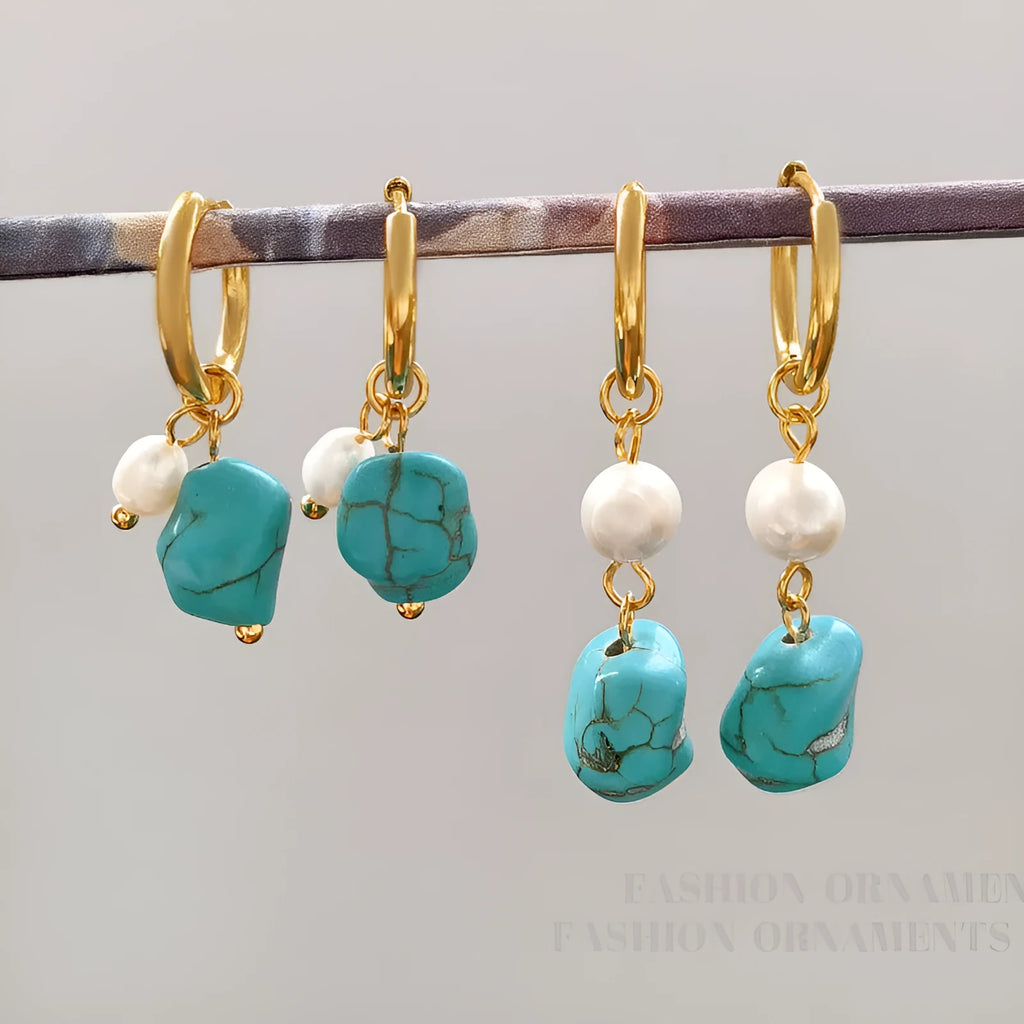 A pair of geometric copper ear clips with irregular turquoise cultured pearls, shown in short and long style options.