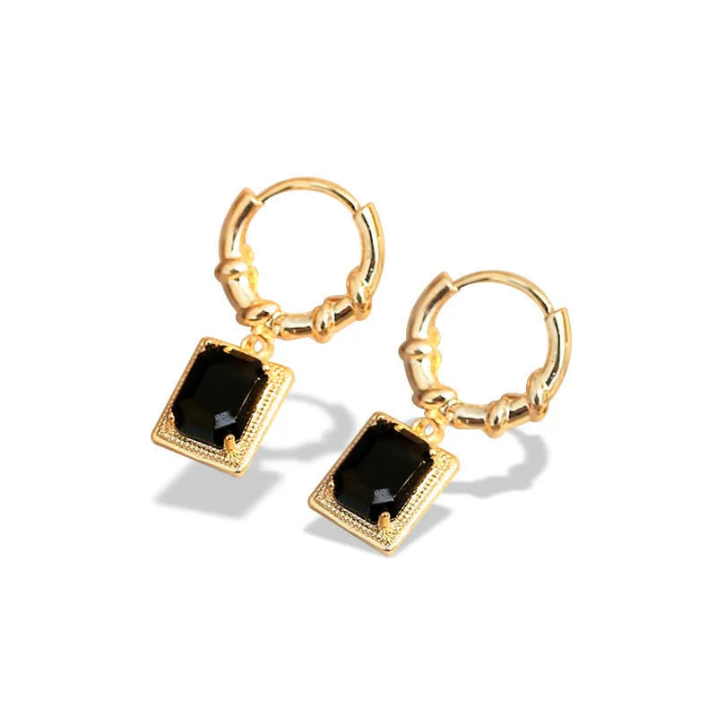 French court retro black zircon earrings with geometric quadrilateral copper construction