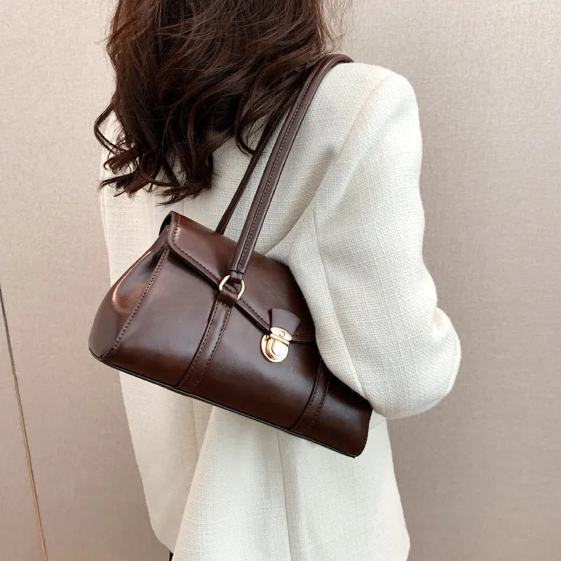 Retro PU underarm document tote bag for women in brown with sewing thread accent