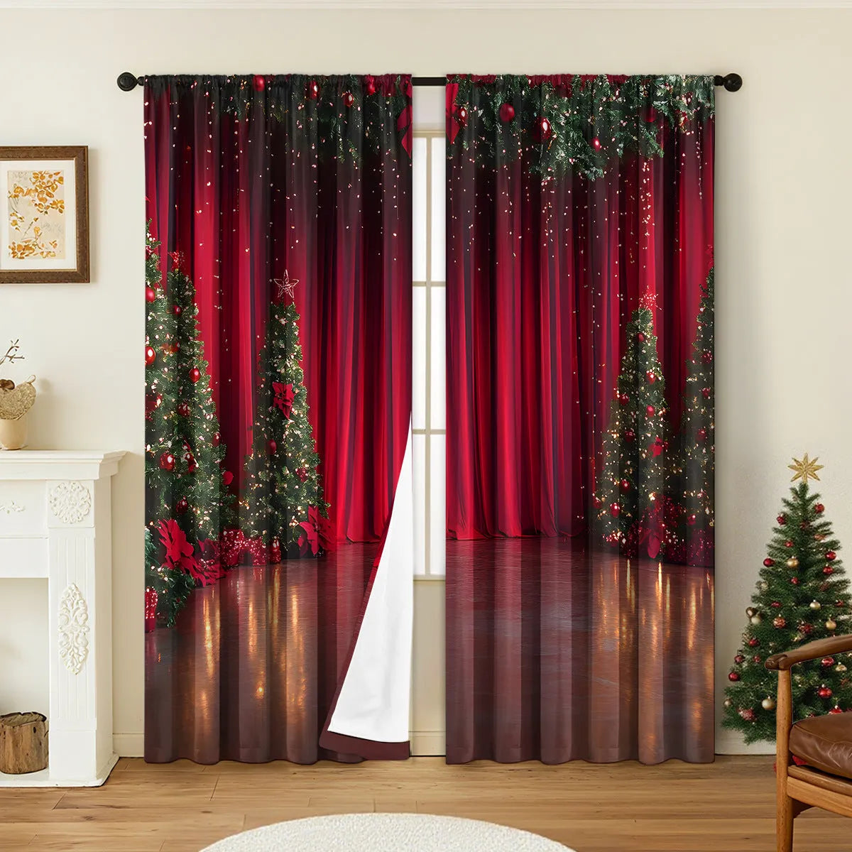 3D digitally printed Christmas style curtain pair in polyester with high sunshade function