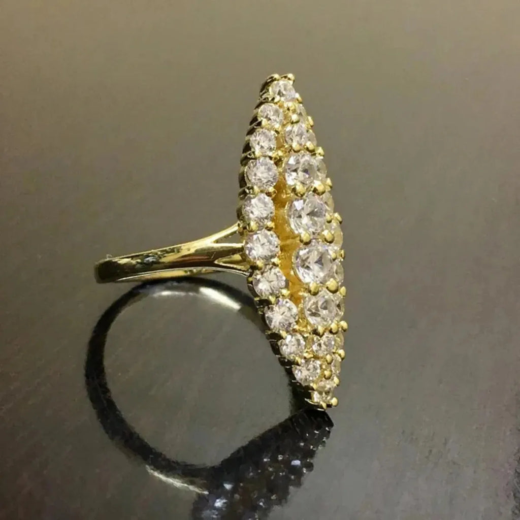Gold electroplated copper women's ring with geometric full diamond design, sizes 5 to 11