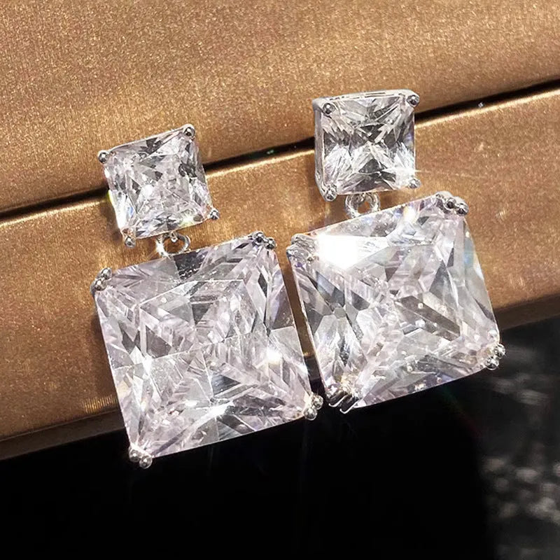 Copper geometric square stud earrings with quadrilateral design in white gold or gold colour finish
