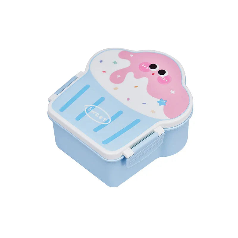 Pink and blue creative ice cream shaped plastic lunch box with bento compartments and included spoon and fork.