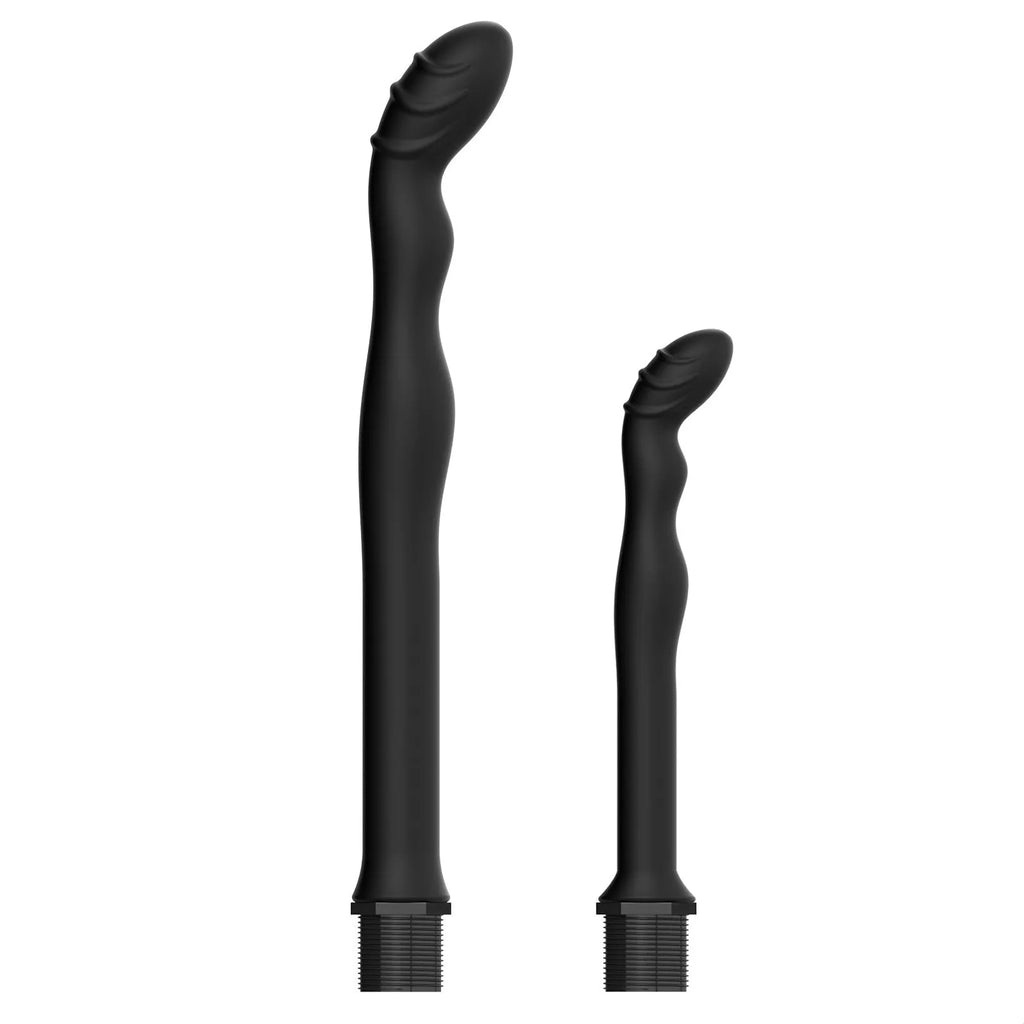 Black silicone sausage filler drain flusher for unblocking sinks, shown in large and small size options.