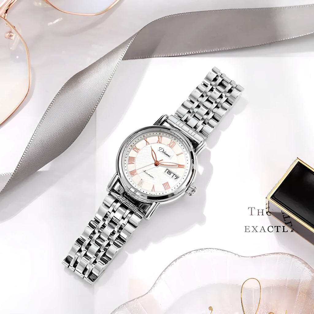 Women's automatic mechanical watch with stainless steel bracelet or leather strap, 12mm thick case.