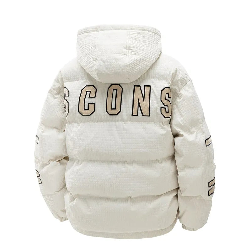 Men's black cotton-padded winter coat with hood, letter print, and side seam pockets shown front view