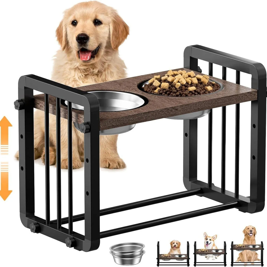 Black wooden dog bowl stand bracket on a floor holding food and water bowls.