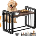Black wooden dog bowl stand bracket on a floor holding food and water bowls.