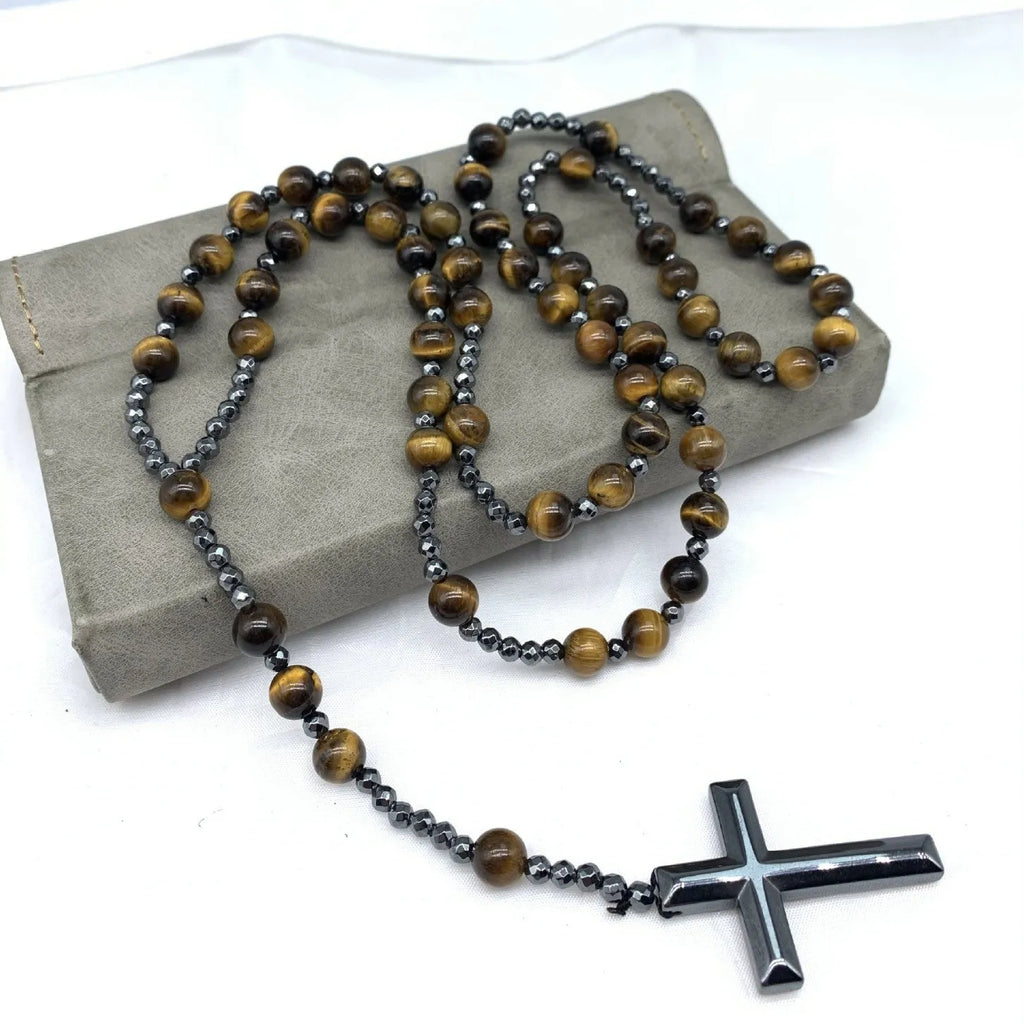 Men's geometric stone cross pendant on a silver ball bead chain with safety lock clasp