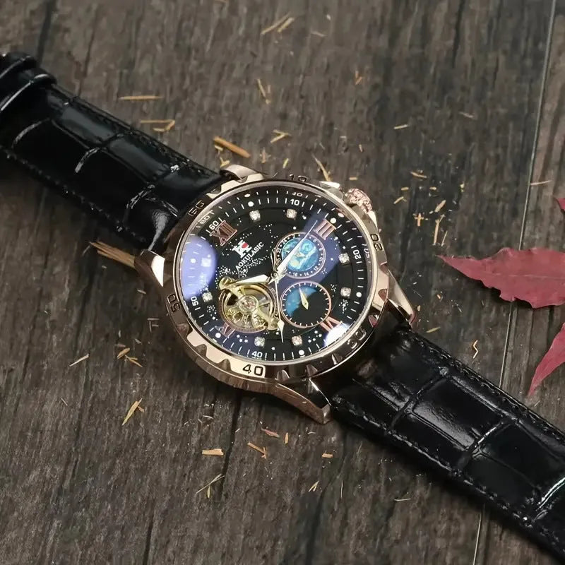 Men's automatic mechanical watch with hollow dial, rose gold case, black face, and leather strap
