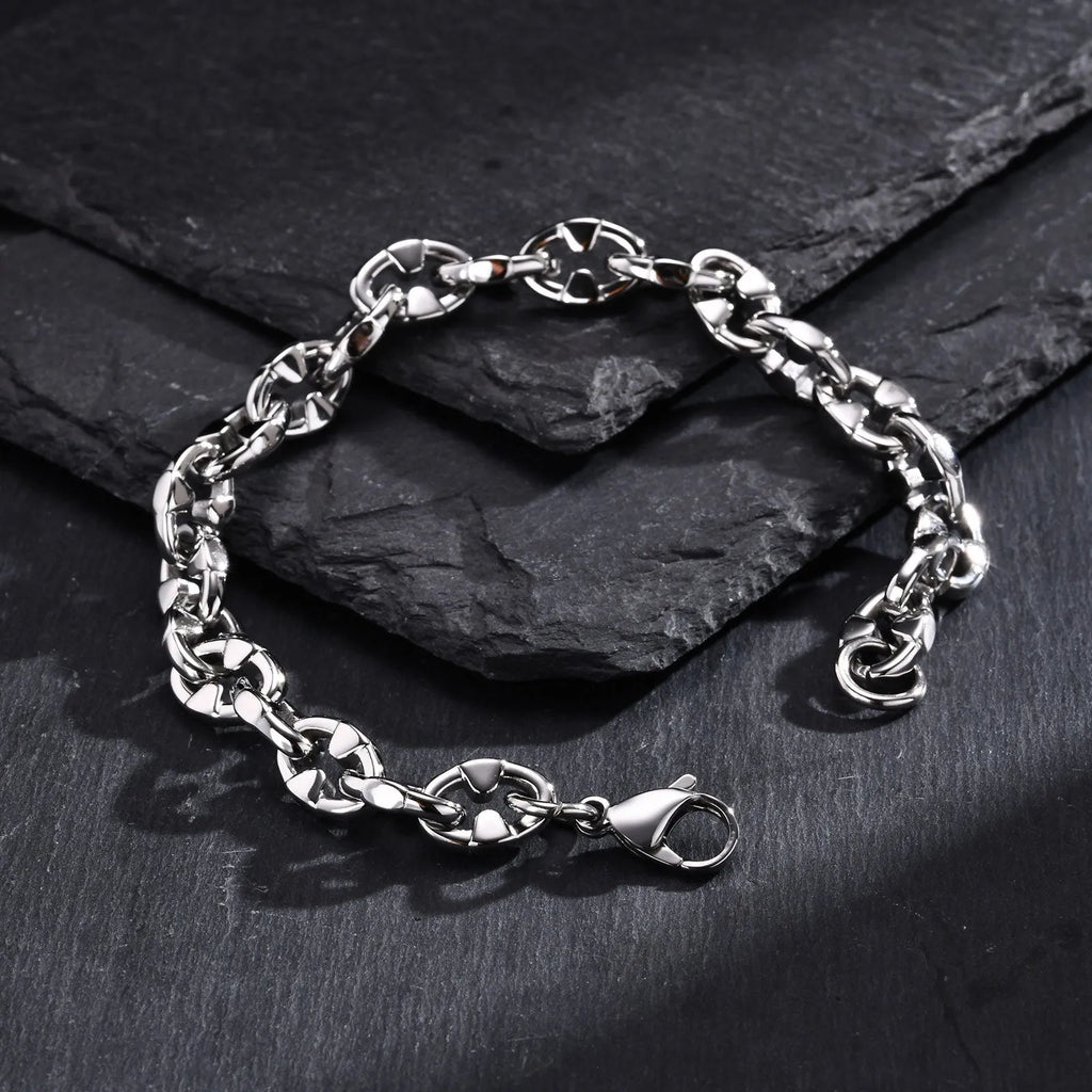 Handmade thick stainless steel geometric chain bracelet in steel colour for men's hip hop style.