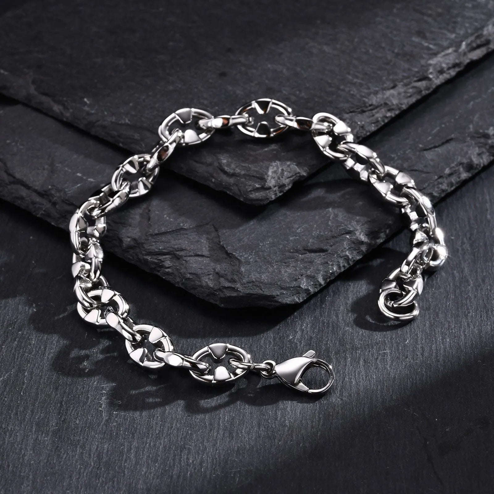 Handmade thick stainless steel geometric chain bracelet in steel colour for men's hip hop style.