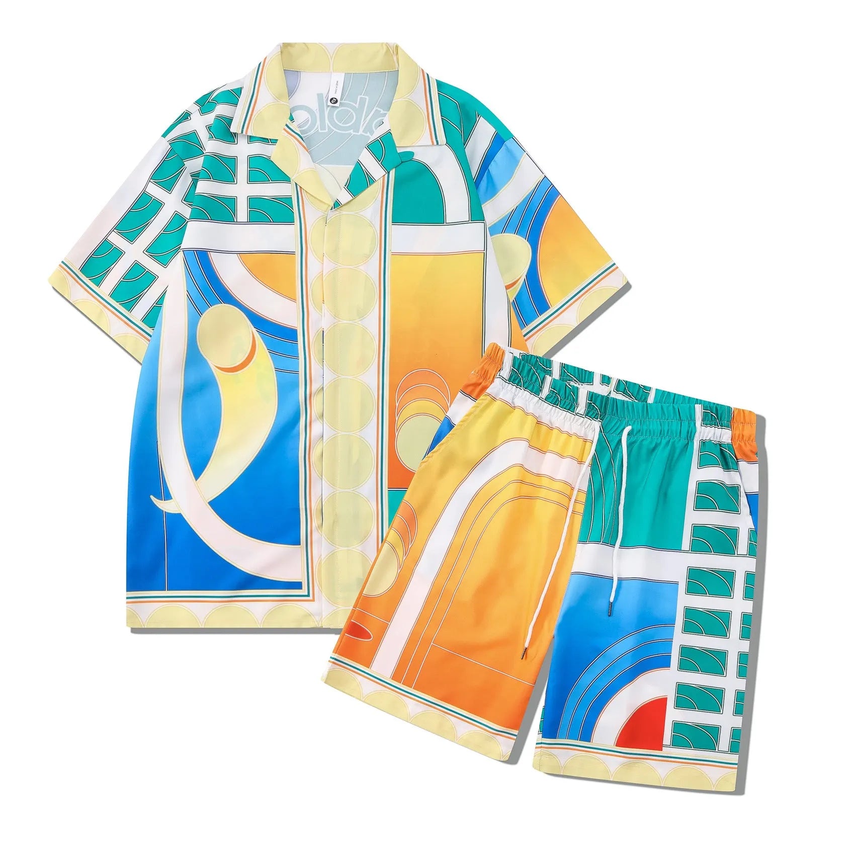 Men's plaid printed beach outfit set showing a short sleeve shirt and matching trousers on a manikin.