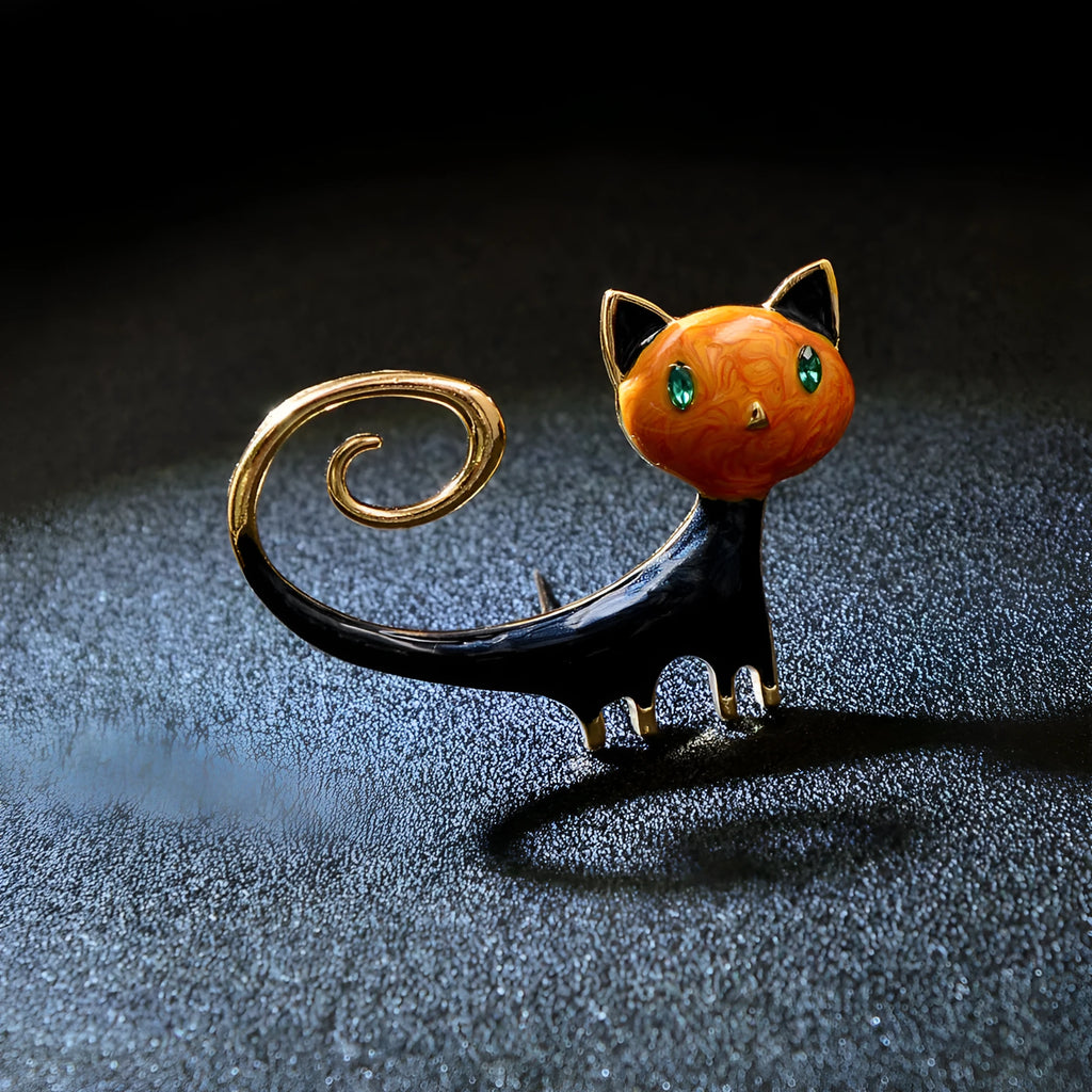 Personalized painted alloy brooch showing a cat with its tail up, in white and orange colour options.