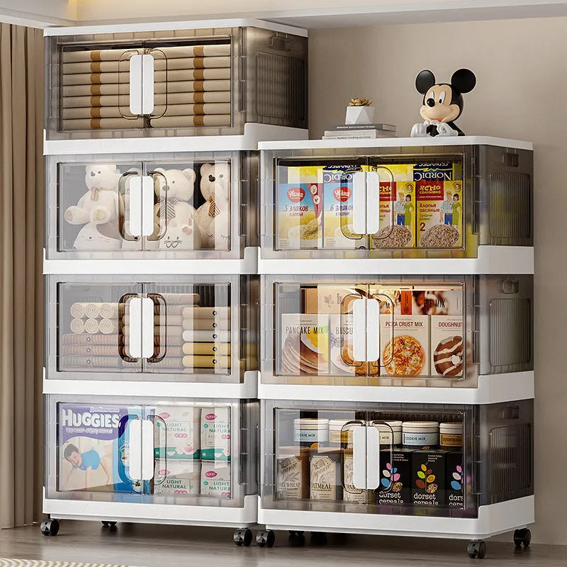 A foldable white storage locker on wheels with multiple shelves, closed doors, for household shoe and toy storage.