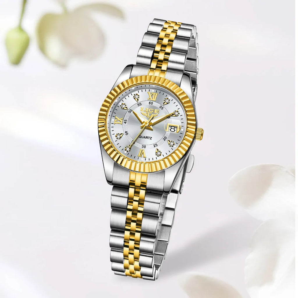 Ladies quartz fashion watch with 10mm thickness and gold/silver colour options