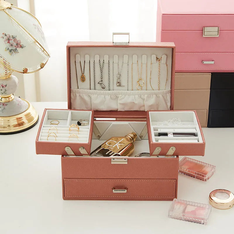 PU leather jewellery storage box in beige, black, pink, and rose gold colours measuring 22.5cm x 15.5cm x 14cm