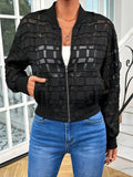 Women's black geometric pattern polyester casual jacket with zip fastening