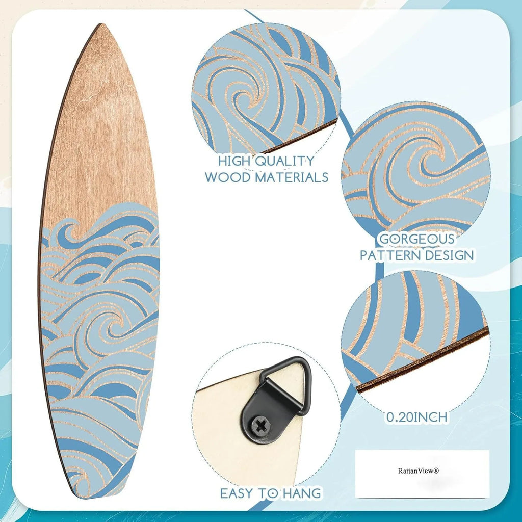 Three identical wooden surfboard wall decorations made from boxwood for beach themed rooms