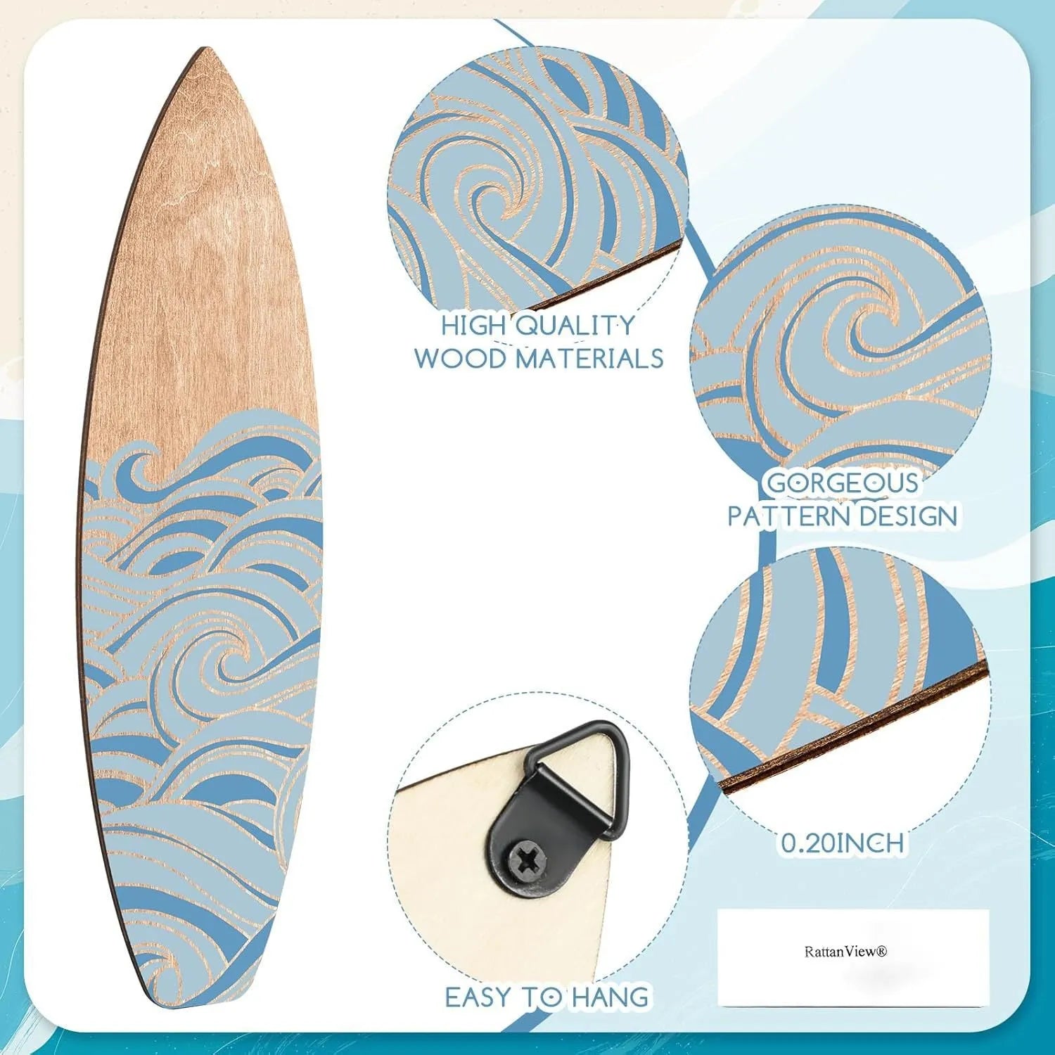Three identical wooden surfboard wall decorations made from boxwood for beach themed rooms
