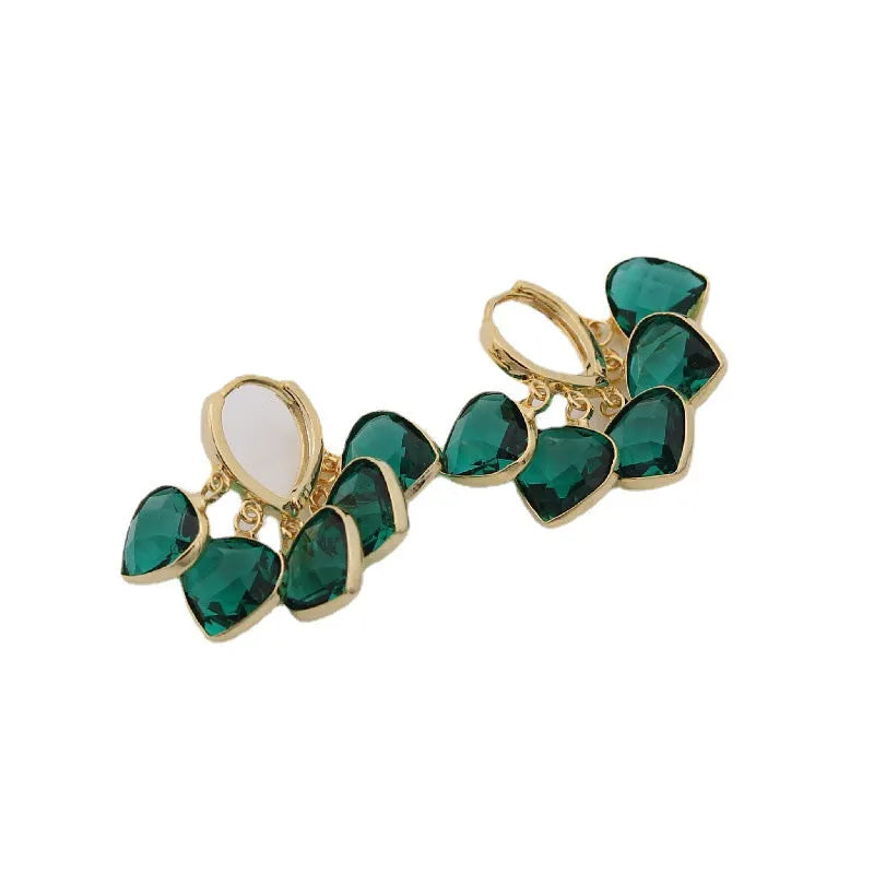 Korean style green glass heart-shaped ear clip earrings with alloy and artificial gemstone inlay.