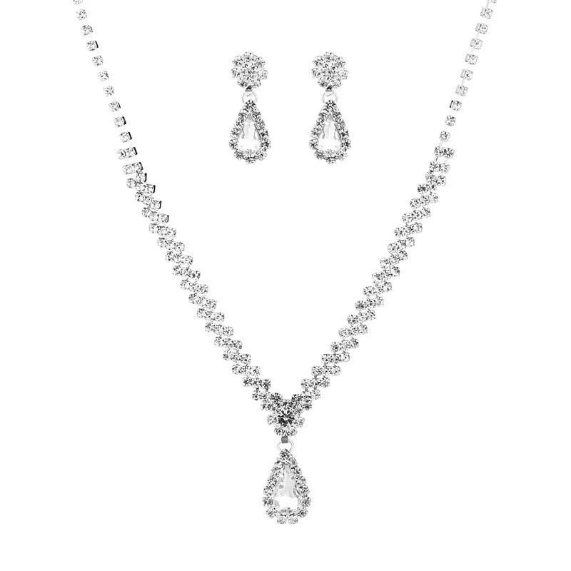 Claw chain rhinestone necklace and matching earrings set with water drop shapes