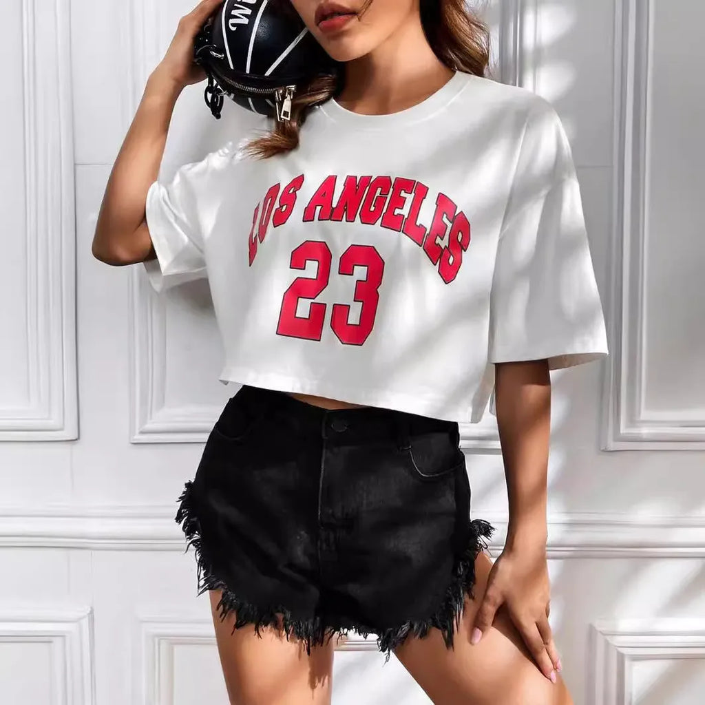 Cotton t-shirt with English letter printing, loose fit, short sleeves, exposed navel design