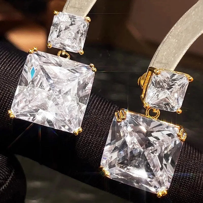 Copper geometric square stud earrings with quadrilateral design in white gold or gold colour finish
