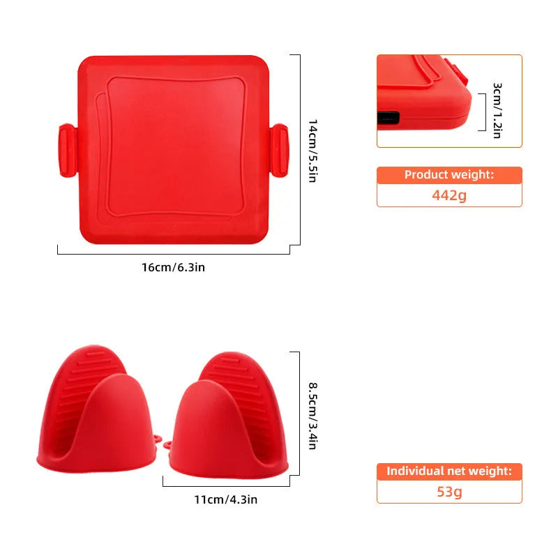 Red silicone baking tray with matching anti-scald gloves on kitchen counter