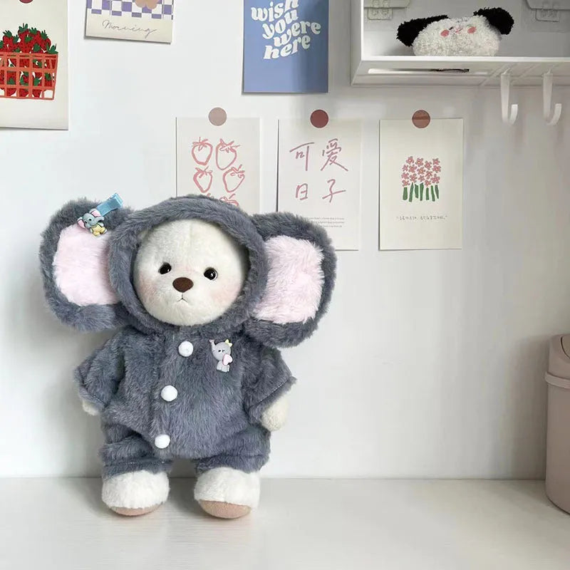 Grey elephant print plush jumpsuit for a 30cm teddy bear