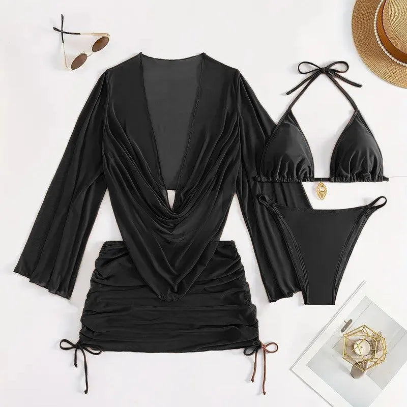 Dark brown women's lace-up bikini swimsuit set on a mannequin, showing backless design.