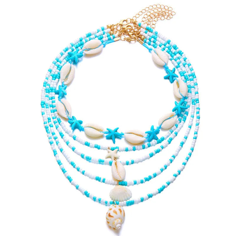 Women's starfish shell bead necklace five-piece set showing blue and multicolour designs with adjustable chains