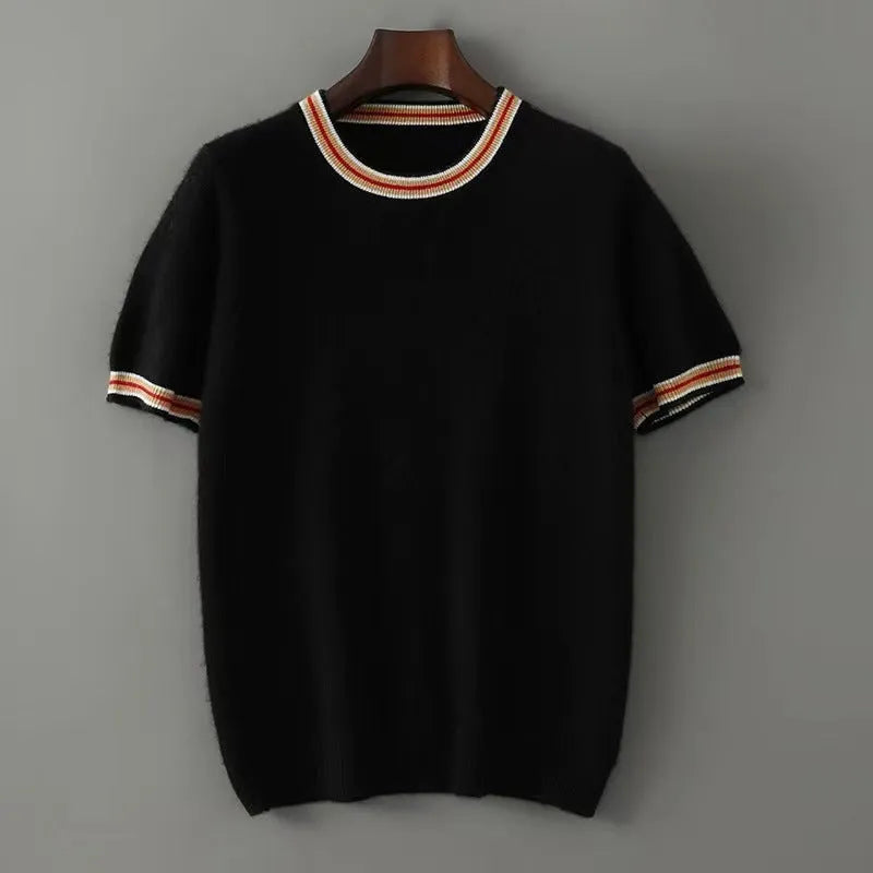 Men's short sleeve pure wool sweater round neck pullover in white gray or black