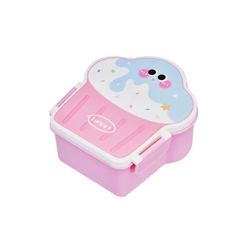 Pink and blue creative ice cream shaped plastic lunch box with bento compartments and included spoon and fork.