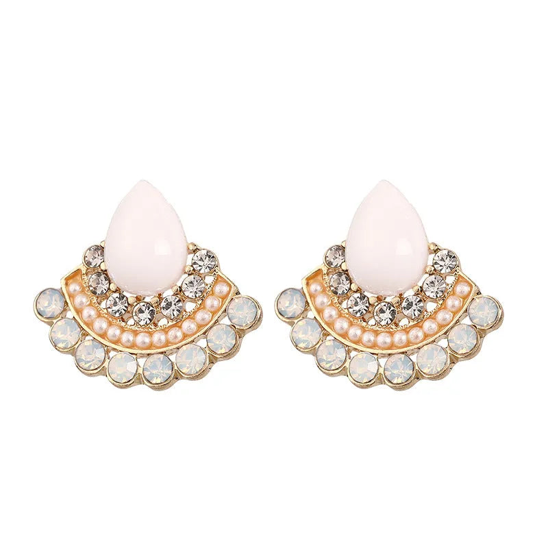 Women's retro geometric fan-shaped silver earrings with rhinestone and opal accents