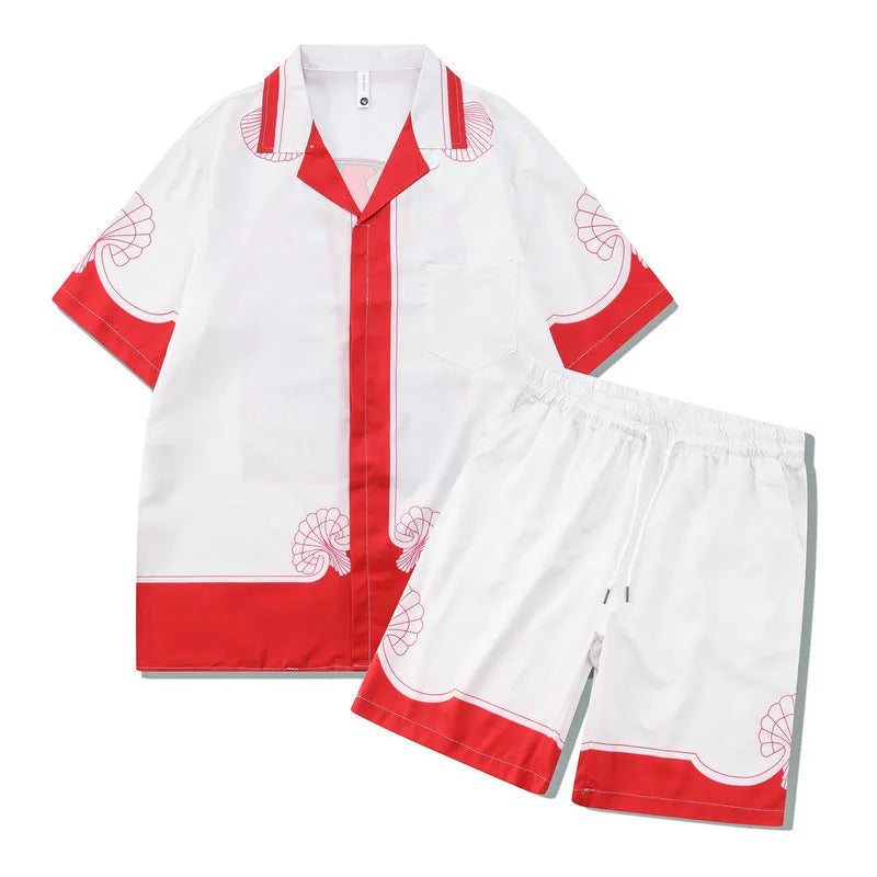 Men's plaid printed beach outfit set showing a short sleeve shirt and matching trousers on a manikin.