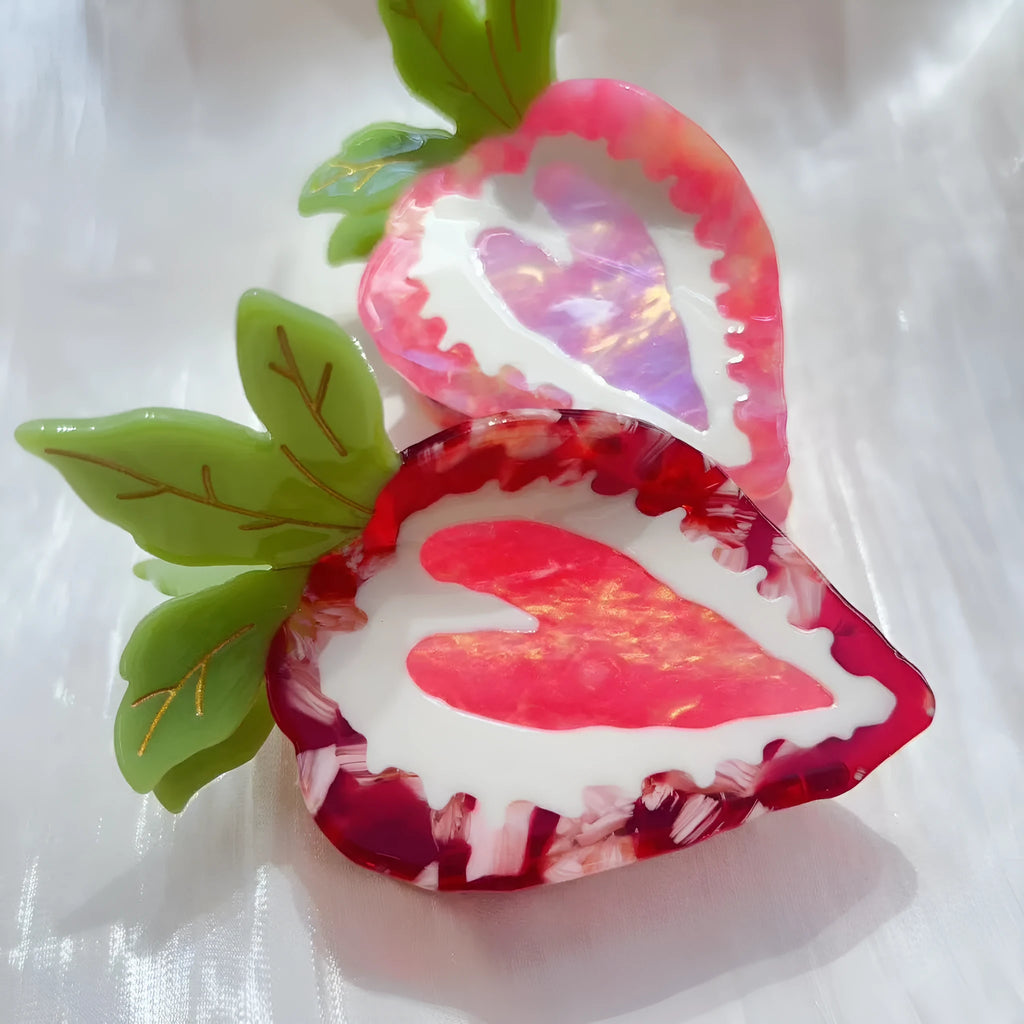 Handmade strawberry hair clip with pastoral fruit charm in red or pink colour options