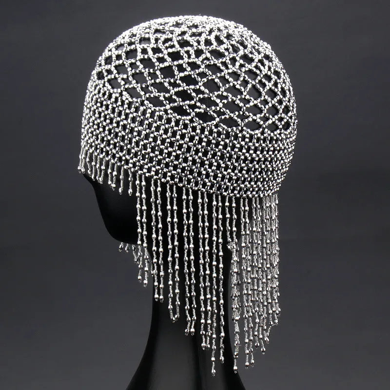 Belly dance hat with handmade beaded alloy construction and decorative tassels