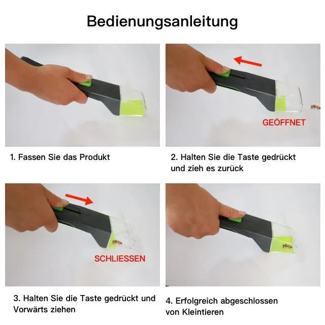 Green handheld plastic insect catcher for garden and lawn pest control.