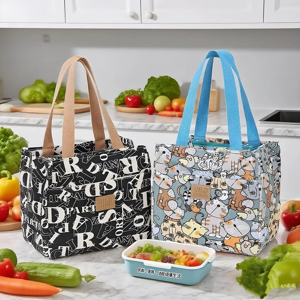 Women's printed canvas handbag showing floral or cat design on black, blue or pink background